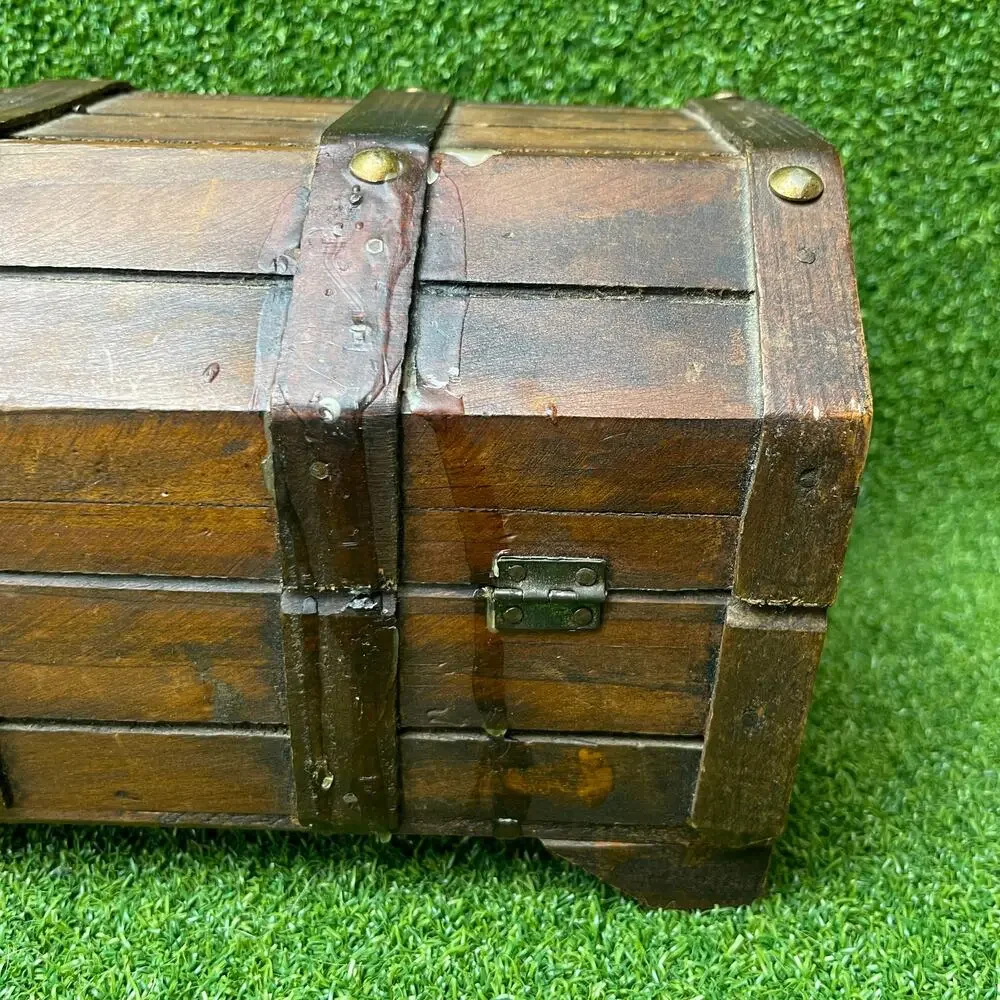 Vintage Wooden Treasure Chest Jewelry Box Gothic Lions Head Metal Latch